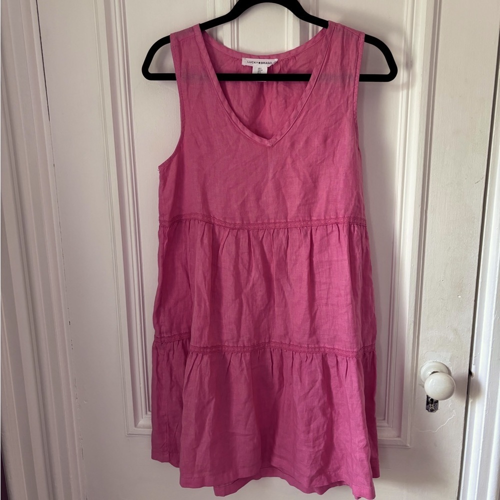 Women’s Lucky Brand Sleeveless VNeck Raspberry 100%Linen Ruffled Midi Dress S